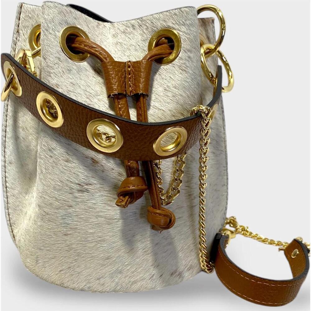 NEW CHARLIE LEATHER women's demi small bucket bag in tricolor on brown